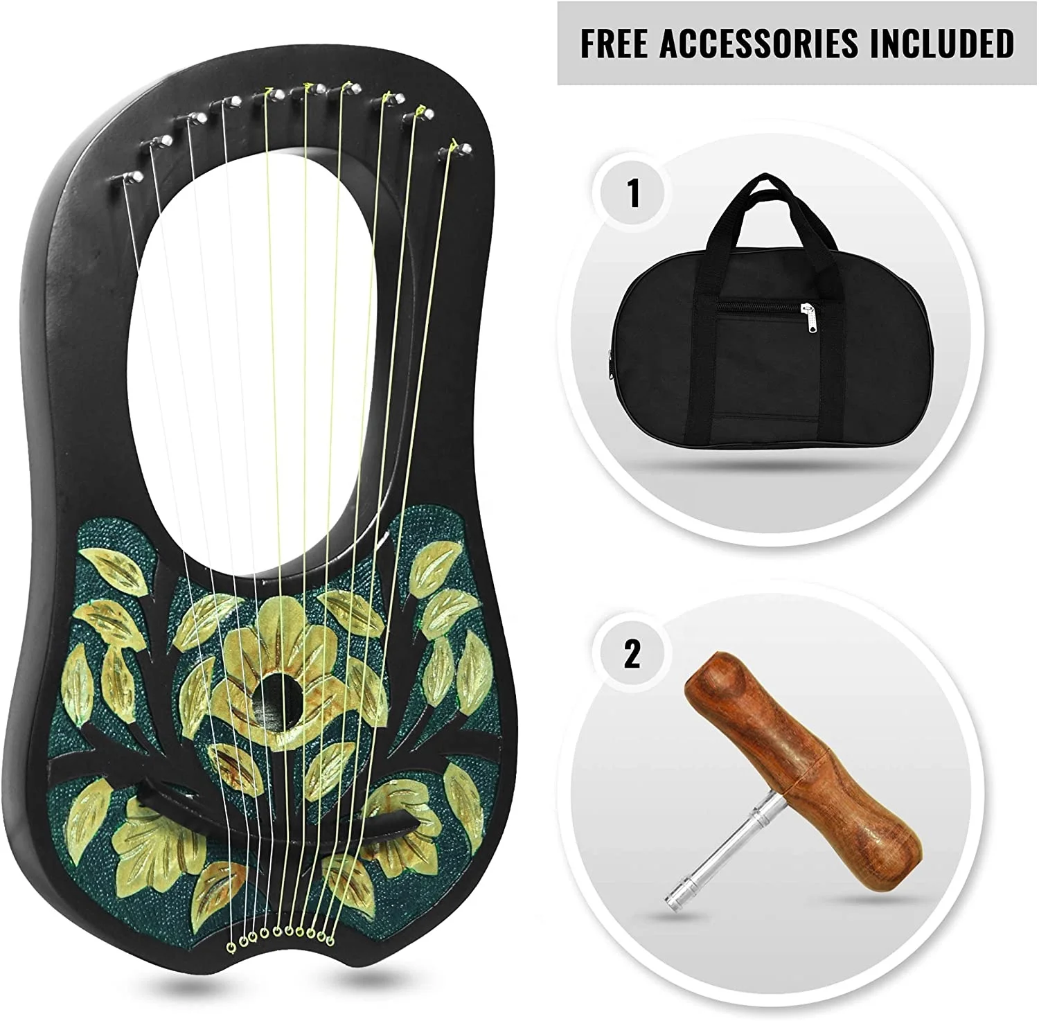 10 Metal Strings lyre harp Engraved Floral Golden/Green Design tuning key Carrying bag