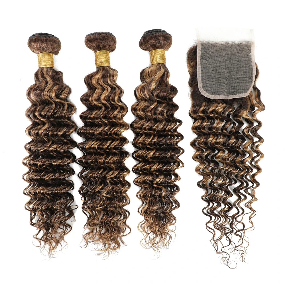 Piano Color Deep Wave Highlight 3 PCS Virgin Human Hair Bundles with Closure P4/27# Mixed Wavy Bundle and Closure Deals