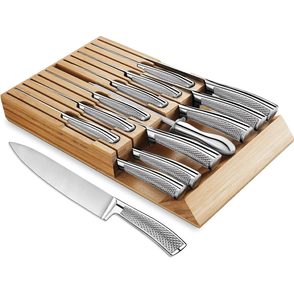 14 Piece German Stainless Steel Kitchen Knife Set with In-Drawer Bamboo Block Sharpener Steak Knives with Full-Tang Design