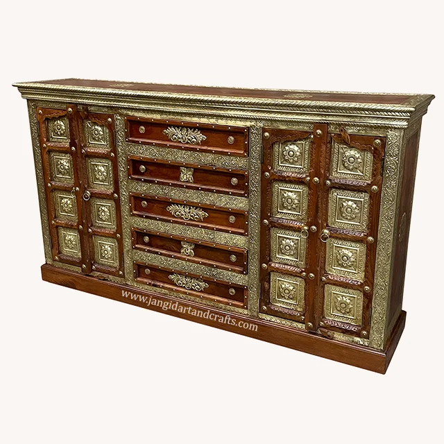 Vintage Brass Fitted Furniture Wooden Buffet Corner Cabinet for Storage Kitchen Sideboard Buffet Cabinet by Jangid Art & Craft