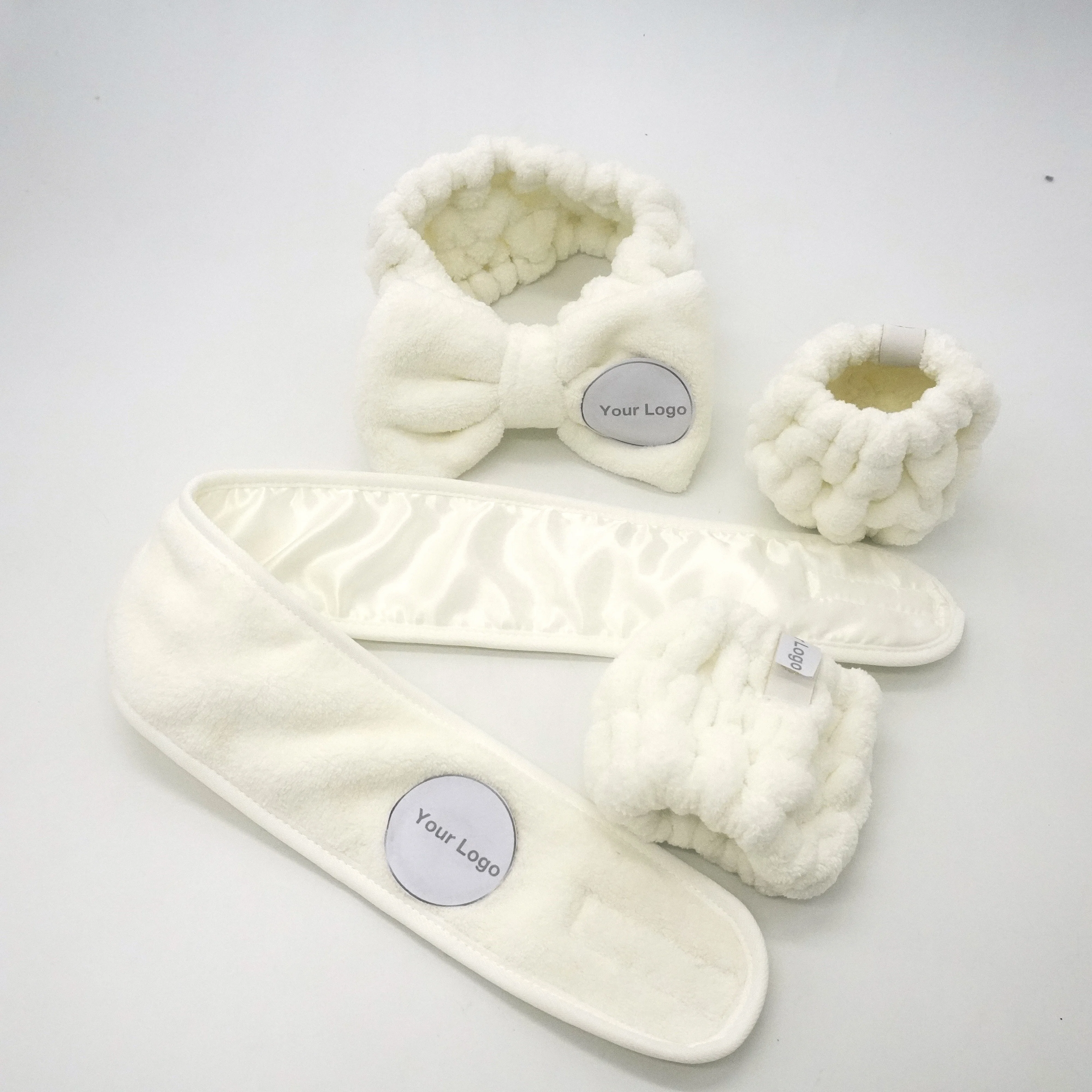 stain silk luxury spa headband set wrist cuff wash band face wash set for lady facial support to do custom logo