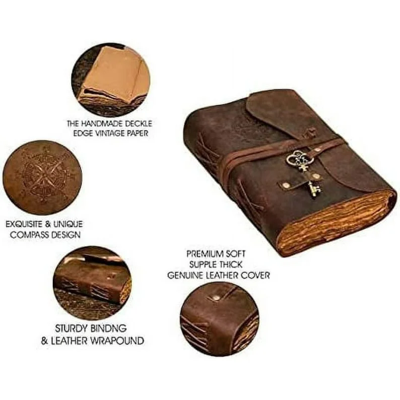 Antique Handmade Compass Vintage Leather Journal Bound Journal With Deckle Edge Paper Diary  Leather Sketchbook women 6X8 inch