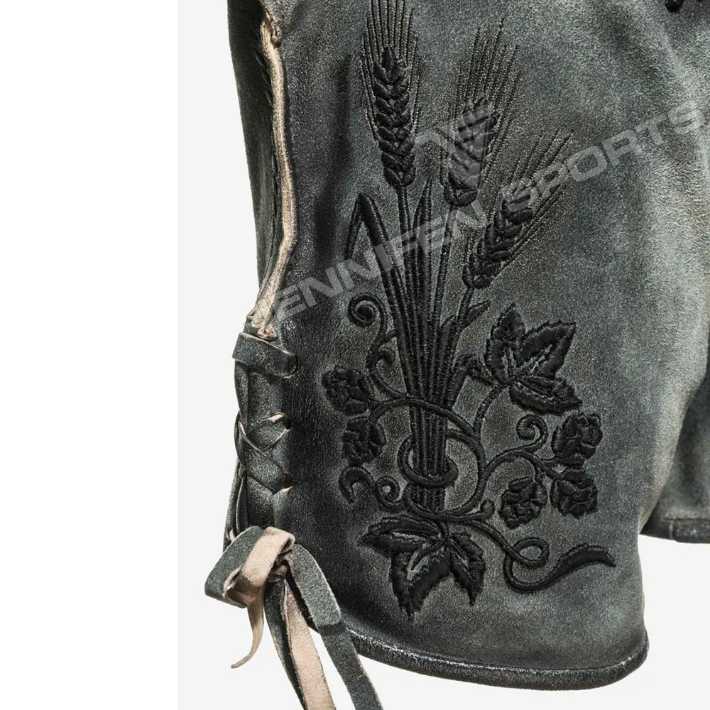 Popular Fashion Bavarian Men Lederhosen Short Cowhide Suede Leather Front Embroidery Sides&Backside Pockets With Belt Loops
