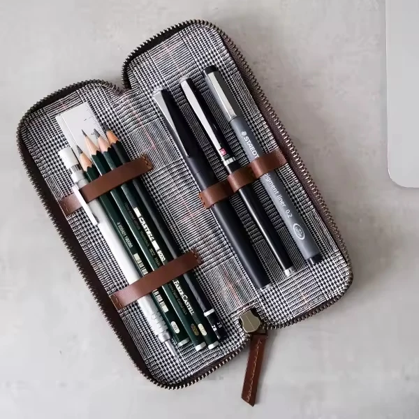 High Quality Classic Tan Genuine Leather Pencil Box Office School Stationery Zipper Case