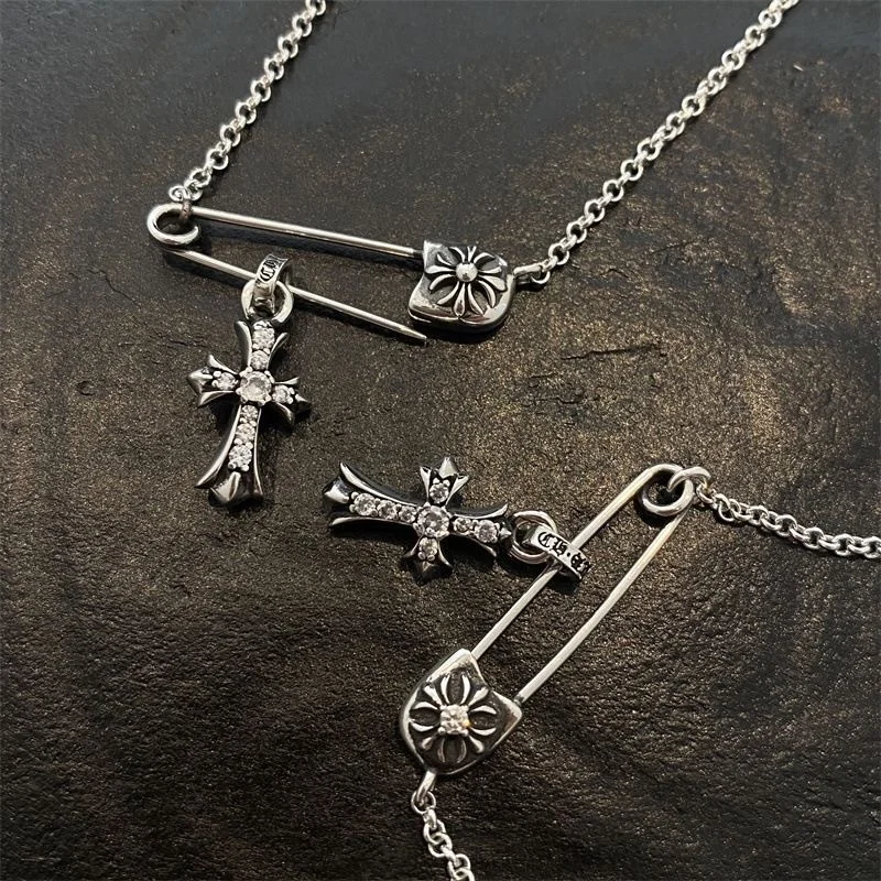 Wholesale Jewelry 925 Silver Retro Pin Vintage Inlaid Cross Pendant Chrome Heart Necklace for Men Women
