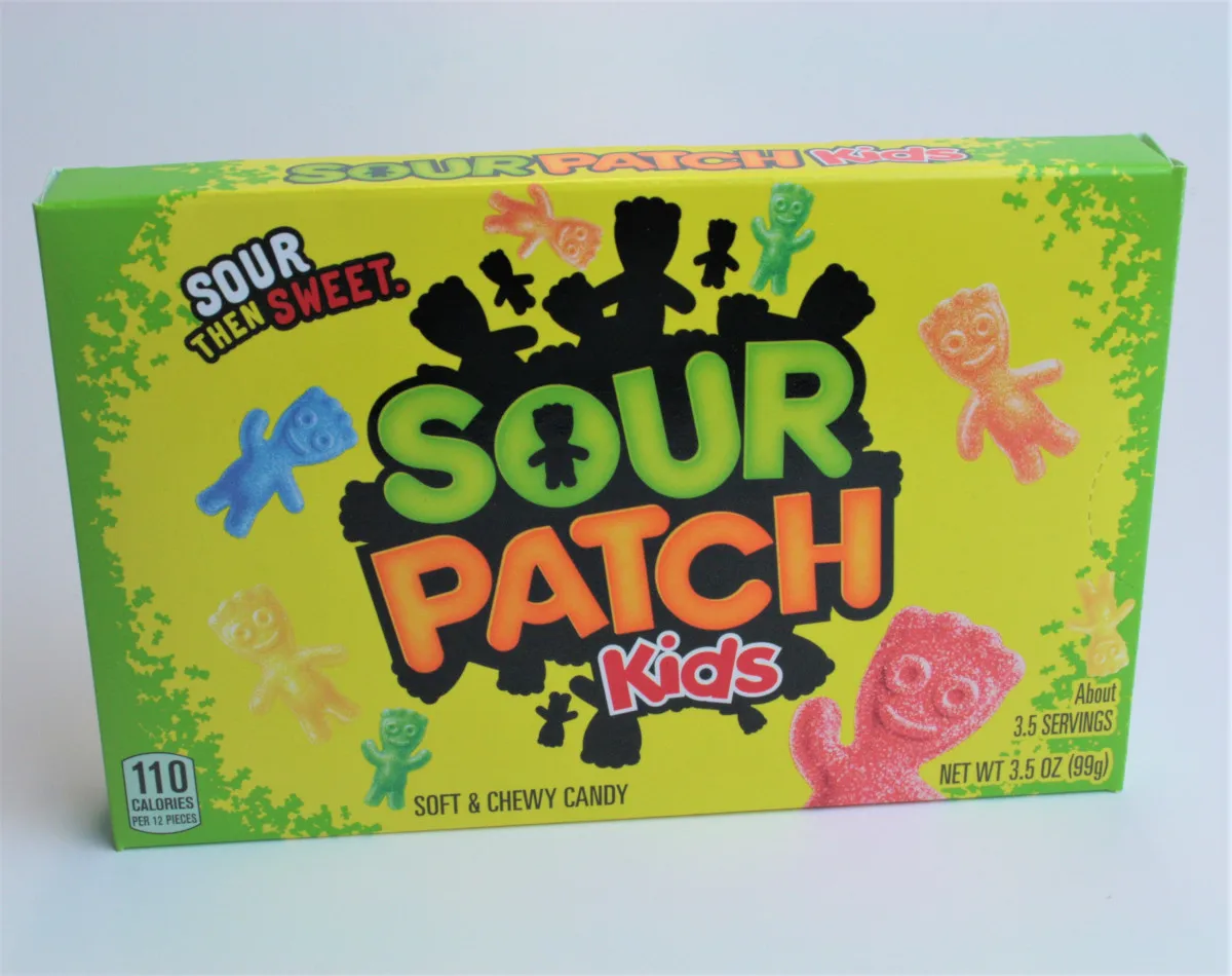 Sour Patch Kids Original Fruit Mix Gummy Candy Sweet Fruity Flavor Hard Chewy Texture Bulk Box Bag Packaging Cartoon Pattern