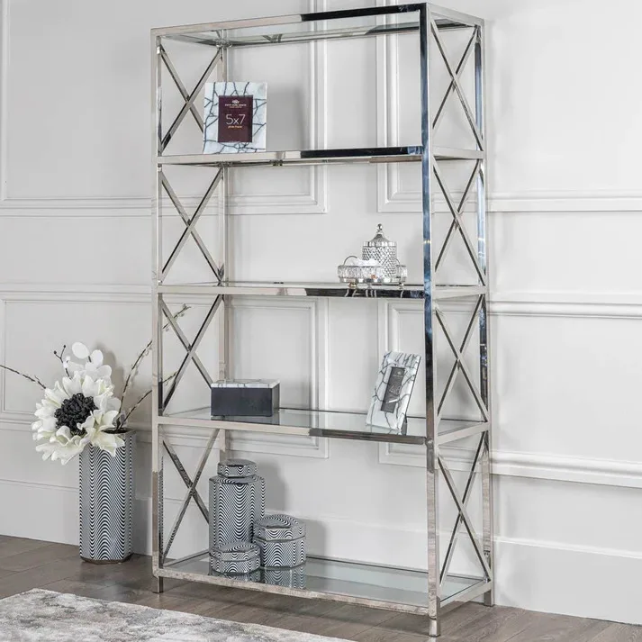 Stainless Steel Multi Cross Book Shelf with 5-tier slabs in glass used for display racks and library in home & office furniture