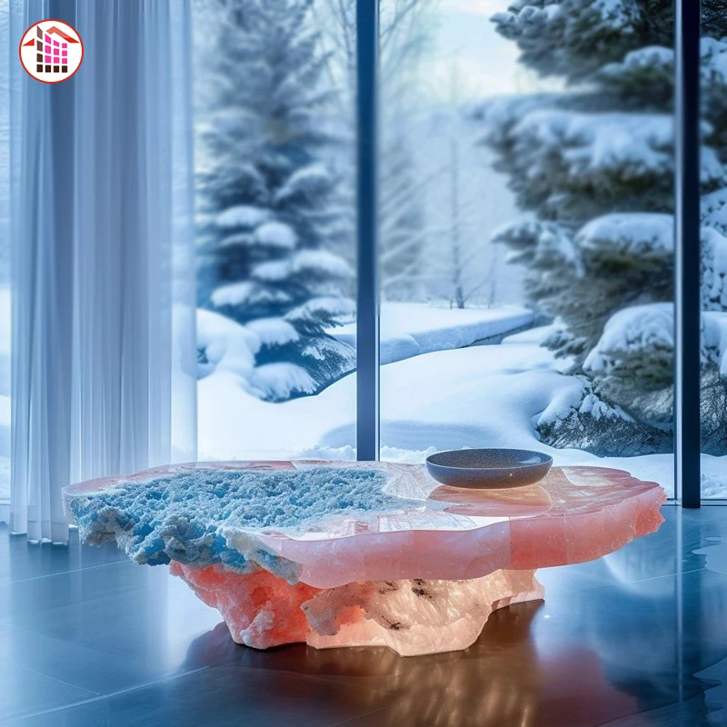 Luxury translucent stone coffee table backlit blue pink crystal dining table translucent pink onyx marble custom  table