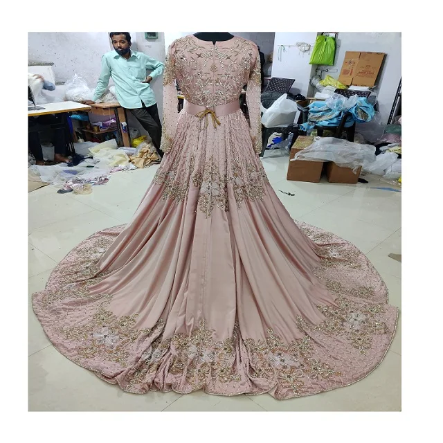 STYLISH & ELEGANT EMBROIDERY OF DABKA, CRYSTAL BEADS,GLASS STONE WORK ON BRIDAL  MOROCCAN KAFTAN WITH TRAIL KAFTAN DRESS