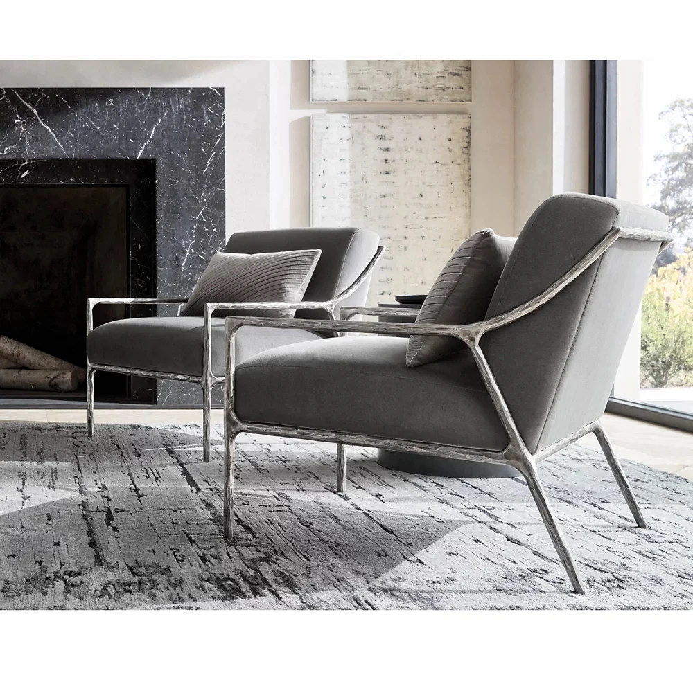 Rustic Style Thaddeus Slope Armchair Hammer Forged Metal Base Grey Fabric Accent Lounge Chair