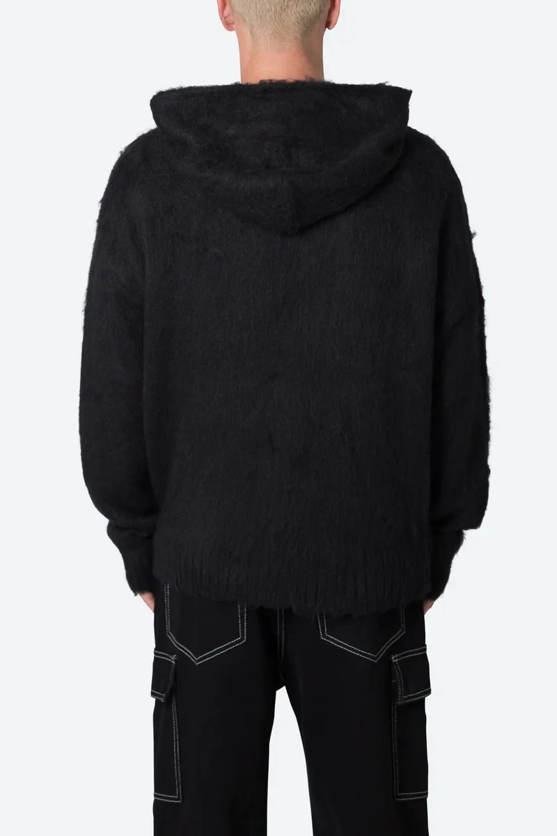 2024 Wholesale Customized Mohair Black Hoodie Unisex Custom Knitwear Winter Knit Hoodie Women Men Mohair