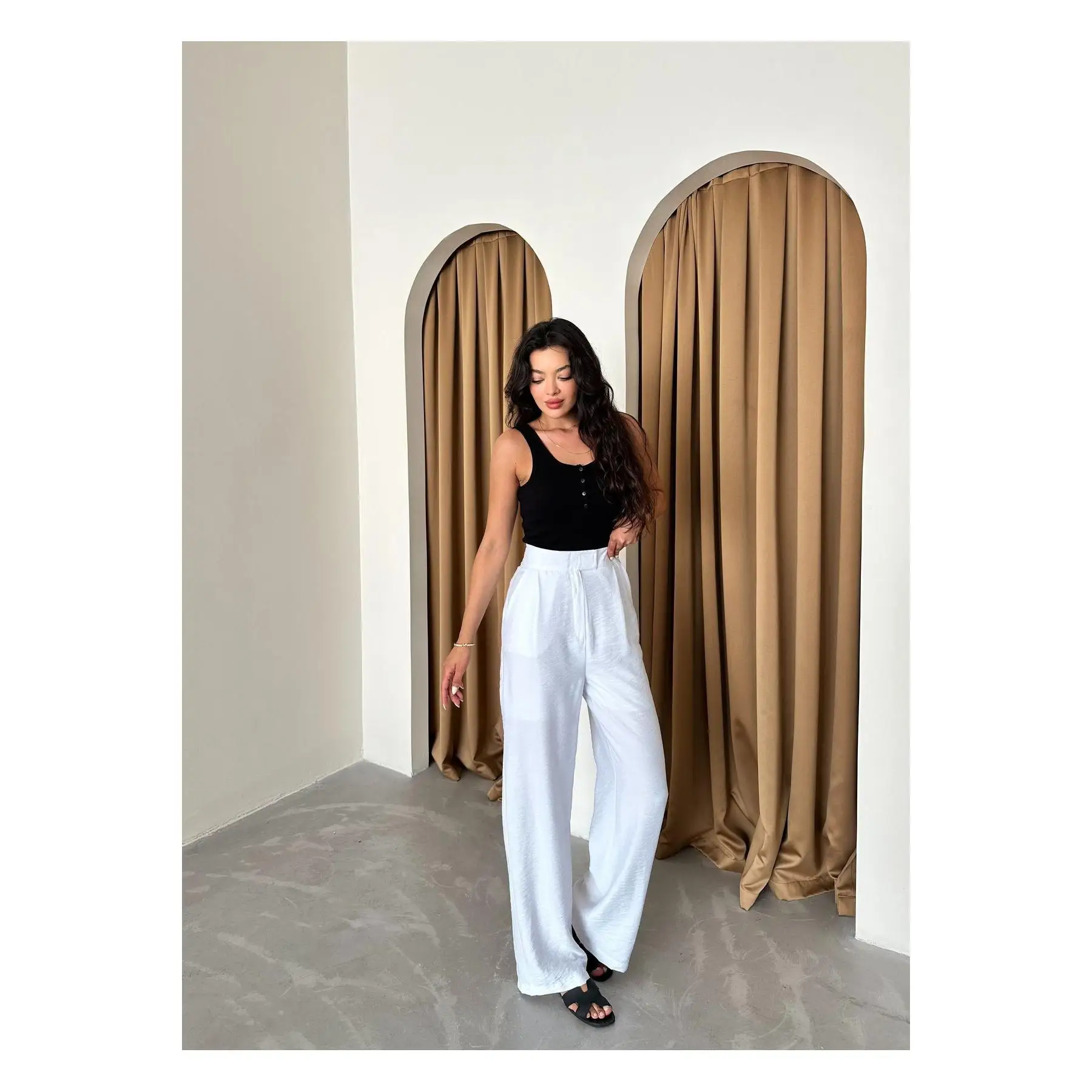 White 100% Cotton Velcro Wide Leg Linen Trousers