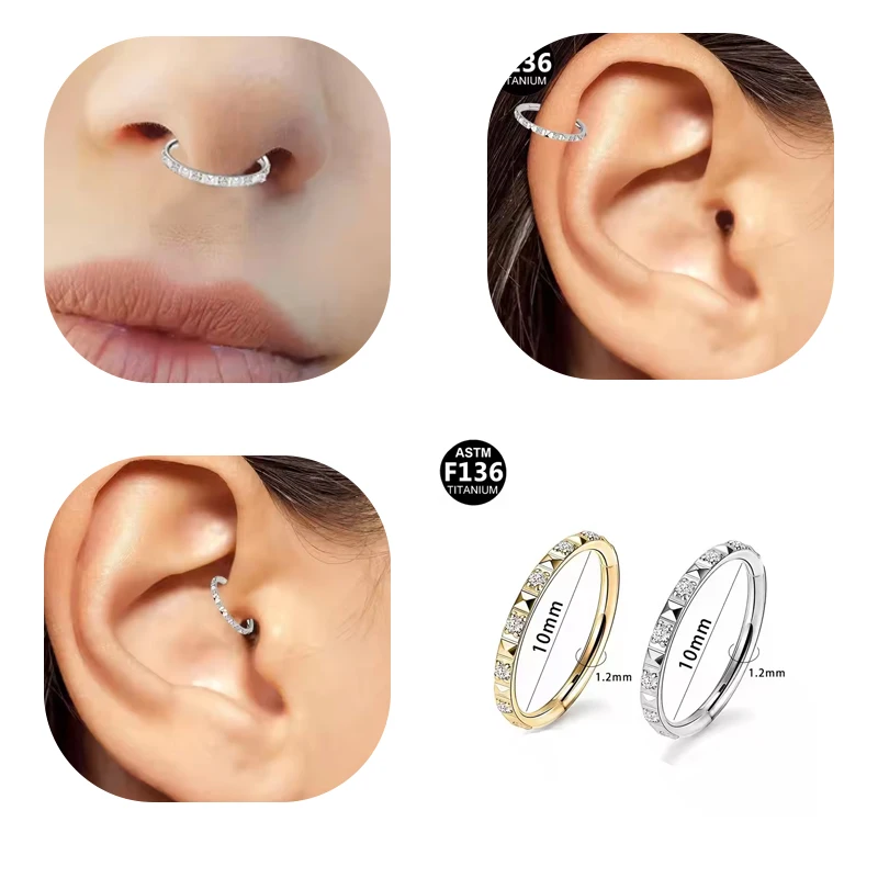 Titanium Square Cut Body Jewelry Inlaid with Round Zircon Hinged Septum Ring Nose Ear Cartilage Piercings Made G23 Material