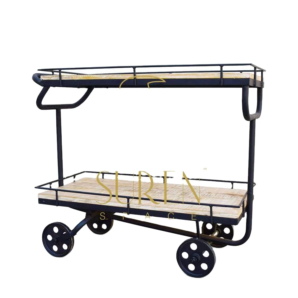 Indian Handcrafted Wooden Iron Wheel Hotels and Resort Trolley wooden Vegetable Iron Trolley