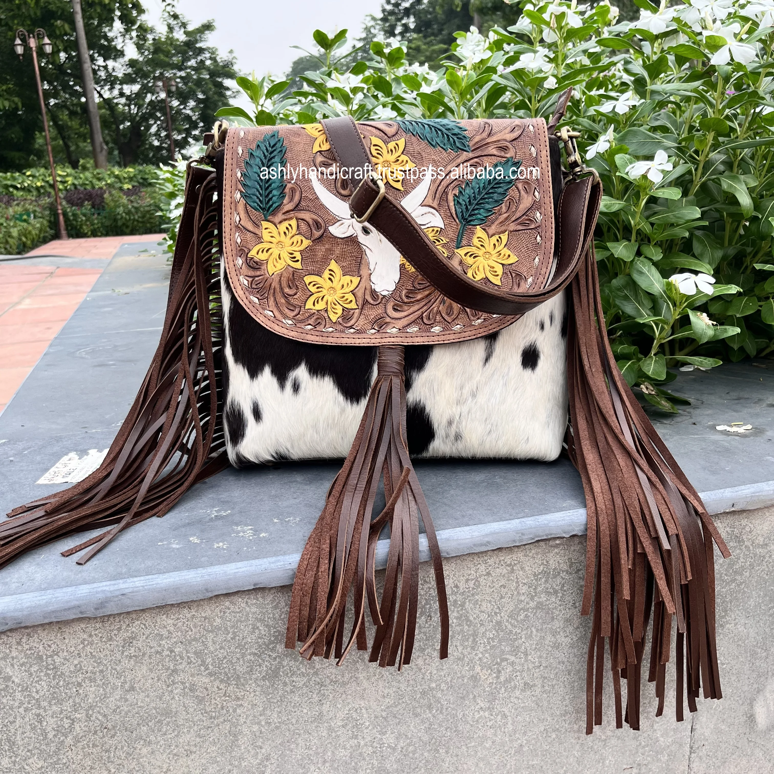 Buy Customized Women Real Cowhide Tooled Leather Bag Western Design Boho Stylish  Vintage Handmade Bag Hair On Tooled Fringe Bag