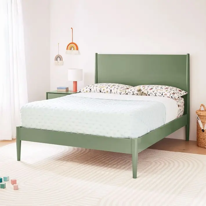 Luxury Mid Century Style Twin Size Kids Bed Solid Wood Frame in Sage Green Finish for Modern Bedroom or Apartment
