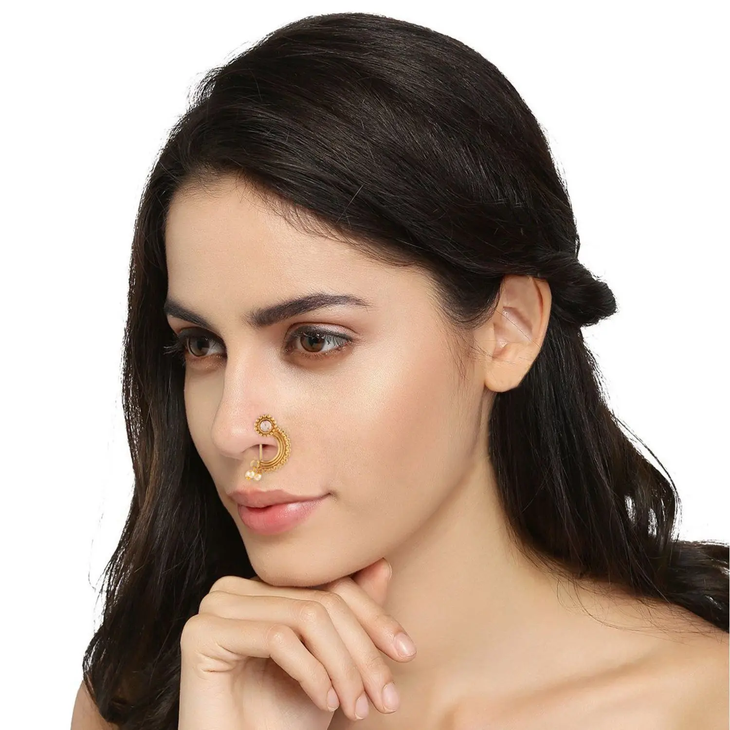 Indian Traditional Faux Pearl Drop Nose Ring Floral Nath Nathani Bridal Crystal Wedding Non Piercing Jewelry for Women, White