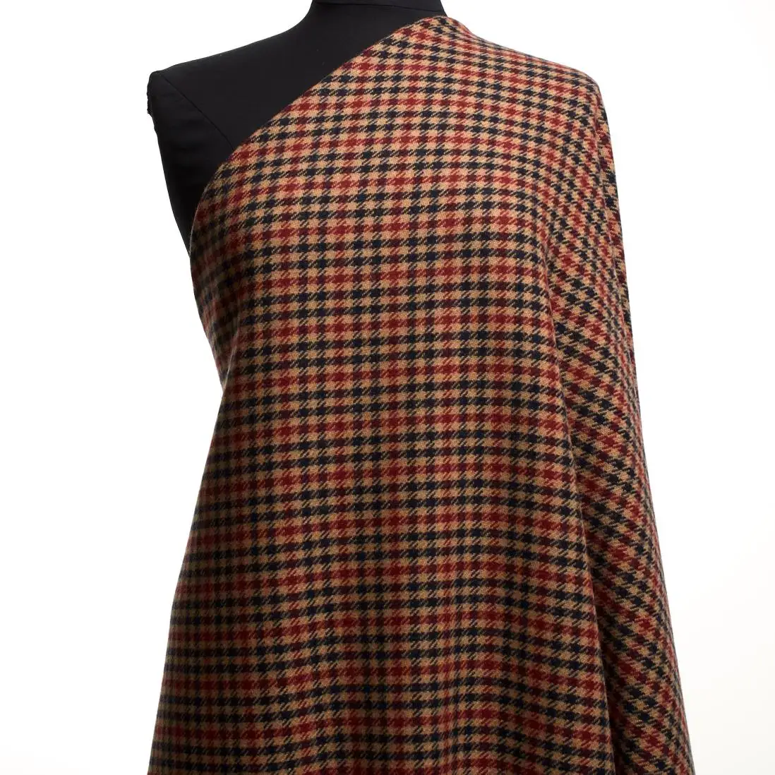 Available Now! Heavy Weight Wool Fabric for Outerwear. Houndstooth Print Heavy Wool: Red & Blue Checkered Design on Beige.