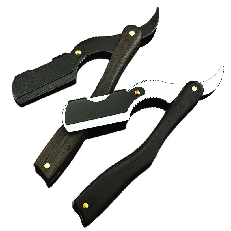 Professional Salon Barber Razor Knives with Natural Ebony Wood Handle for Men Beard Shaving and Care Shaver Holder