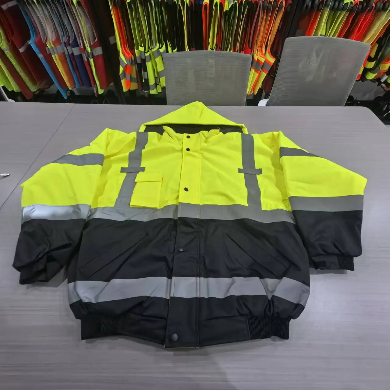 wholesales Custom Logo Construction winter Hi Vis Long Sleeve Yellow black work Reflective fluorescent Safety Reflector Jacket