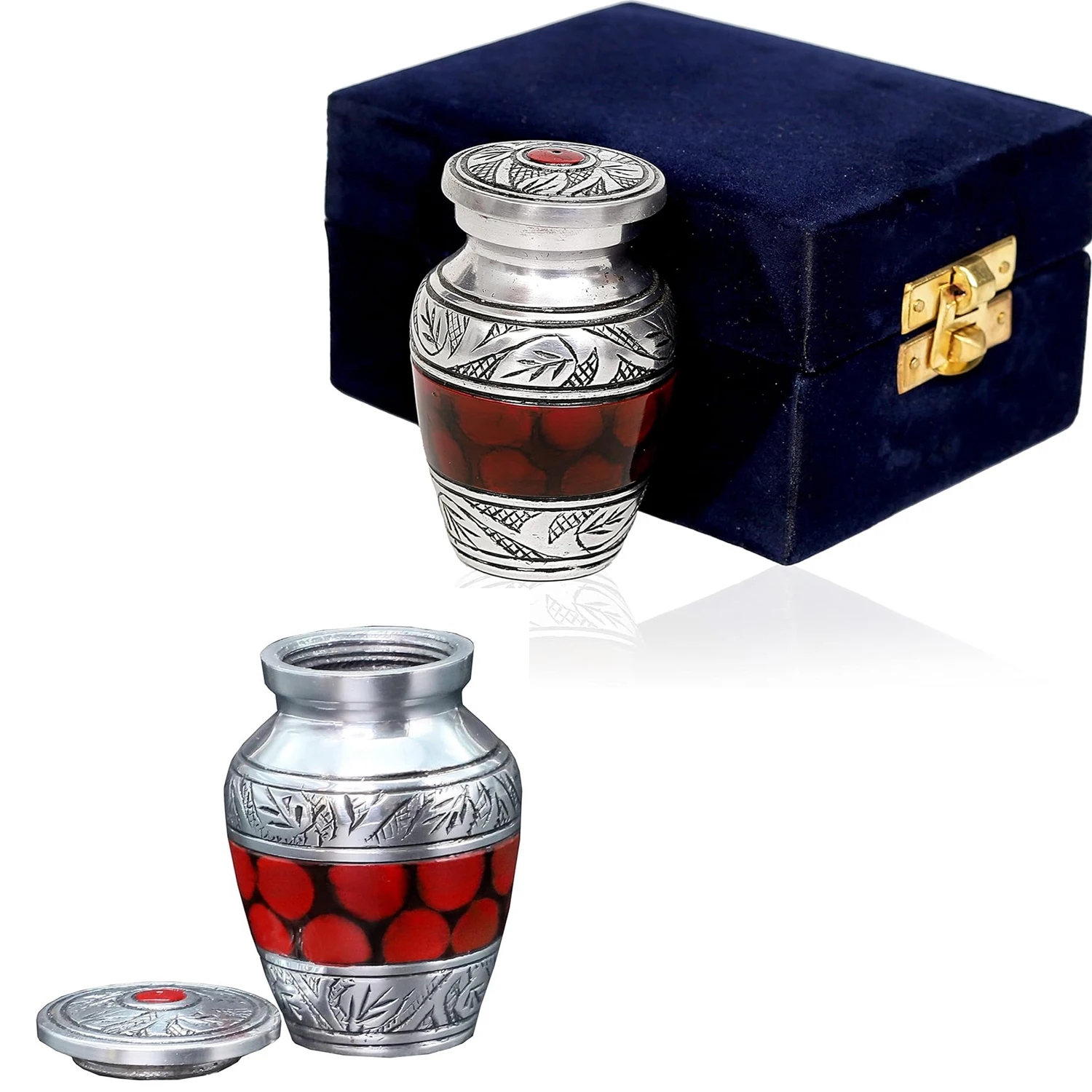 Silver Cremation urn Memorial Container Jar Pot | Cremation Urns Red Color Silver Aluminum URN Wooden Box Metal  Burial & Man Ur
