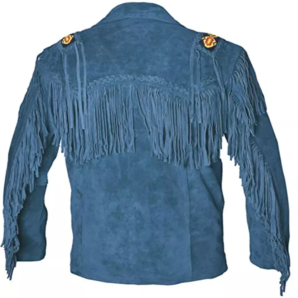 Best Selling Men Western Style Fringed & Beaded Black Color Tassels Cowboy Leather Jacket