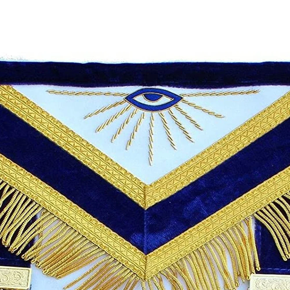 Masonic Grand Past Master apron with gold bullion blue thread purple velvet and backing with pocket and adjustable belt