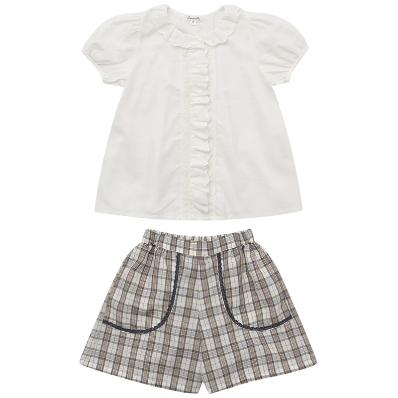 2024 Spring Girls Short Sleeve Ruffle Lace White Shirt Plaid Shorts Set Cotton Top For Girls Puff Sleeves Blouse For Girl