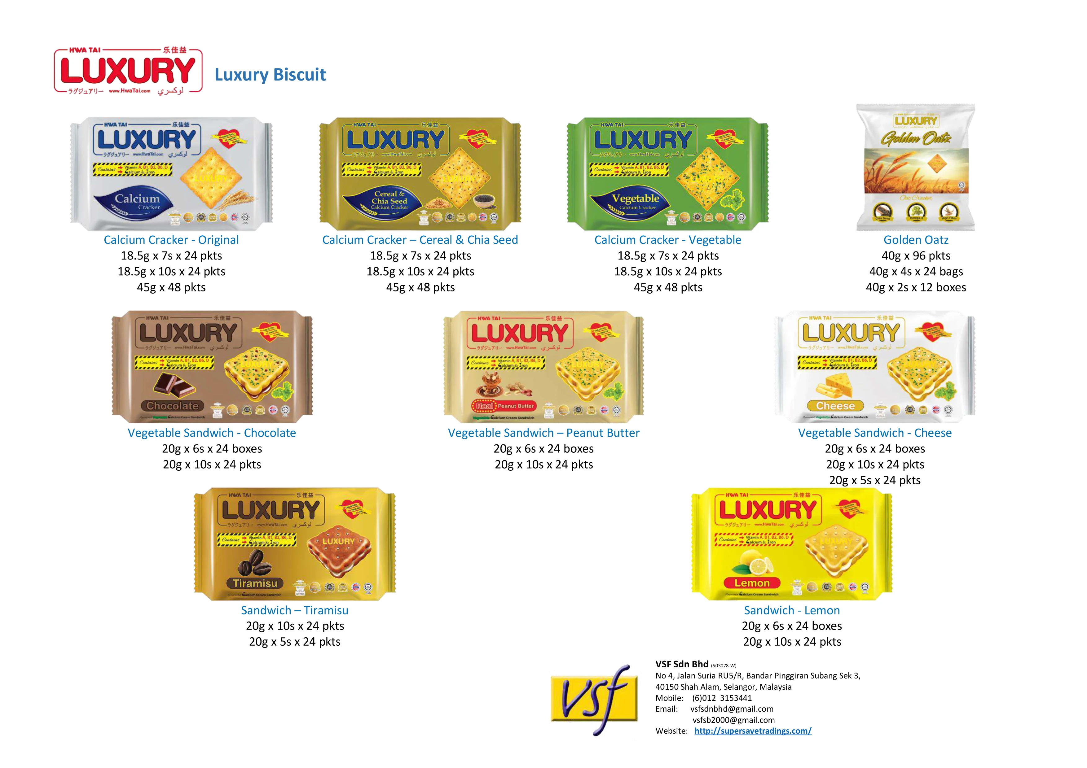 Hwa Tai LUXURY Cheese Flavoured Vegetable Calcium Cream Sandwich 20gx10sx24pkt Vit a B1 B2 B6 No Cholesterol Trans Fat MSG