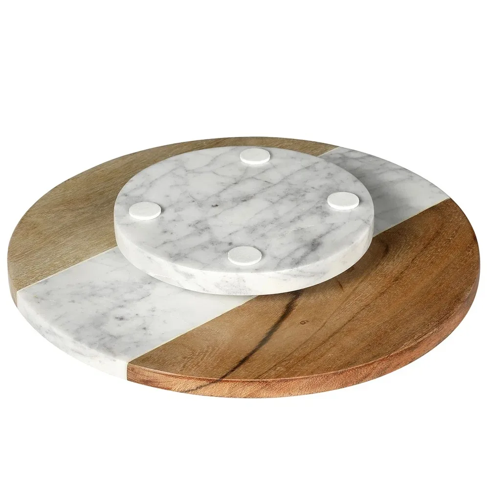 Wood Lazy Susan  Round Tabletop Lazy Susan Turntable with White Marble Base is Perfect for Serving Food Storing Spices