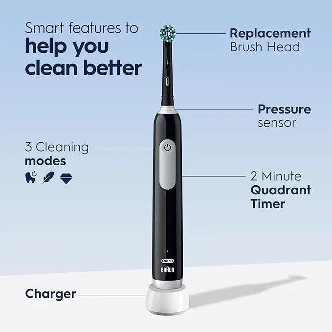 Oral-B Pro 1000 Rechargeable Electric Toothbrush, Black with Pressure Sensor, 3 Modes