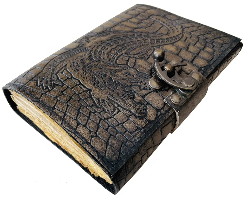 Alligator Crocodile Leather Journal With Custom Handmade Charcoal Book Of Shadow Witchcraft Deckle Edge Paper Notebook With Lock