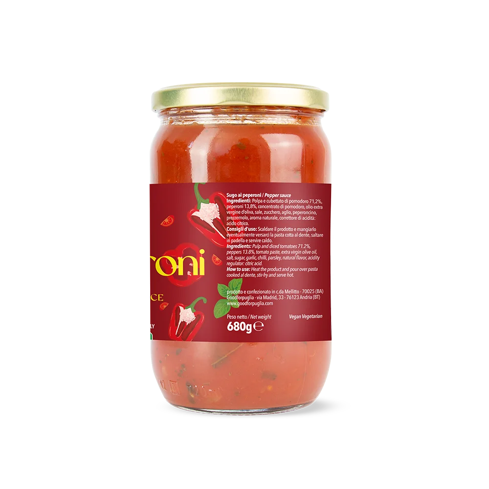 Premium Italian Tomato Sauce with Peppers, 680g Glass Jar ideal for Import or Retail