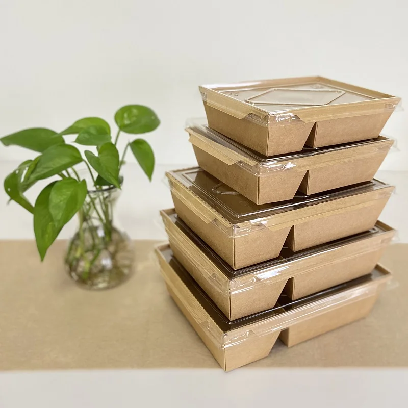 Wholesale Disposable Kraft Paper Salad Fast Food Lunch Delivery Boxes 2 compartment Food Packaging Tray with Lid