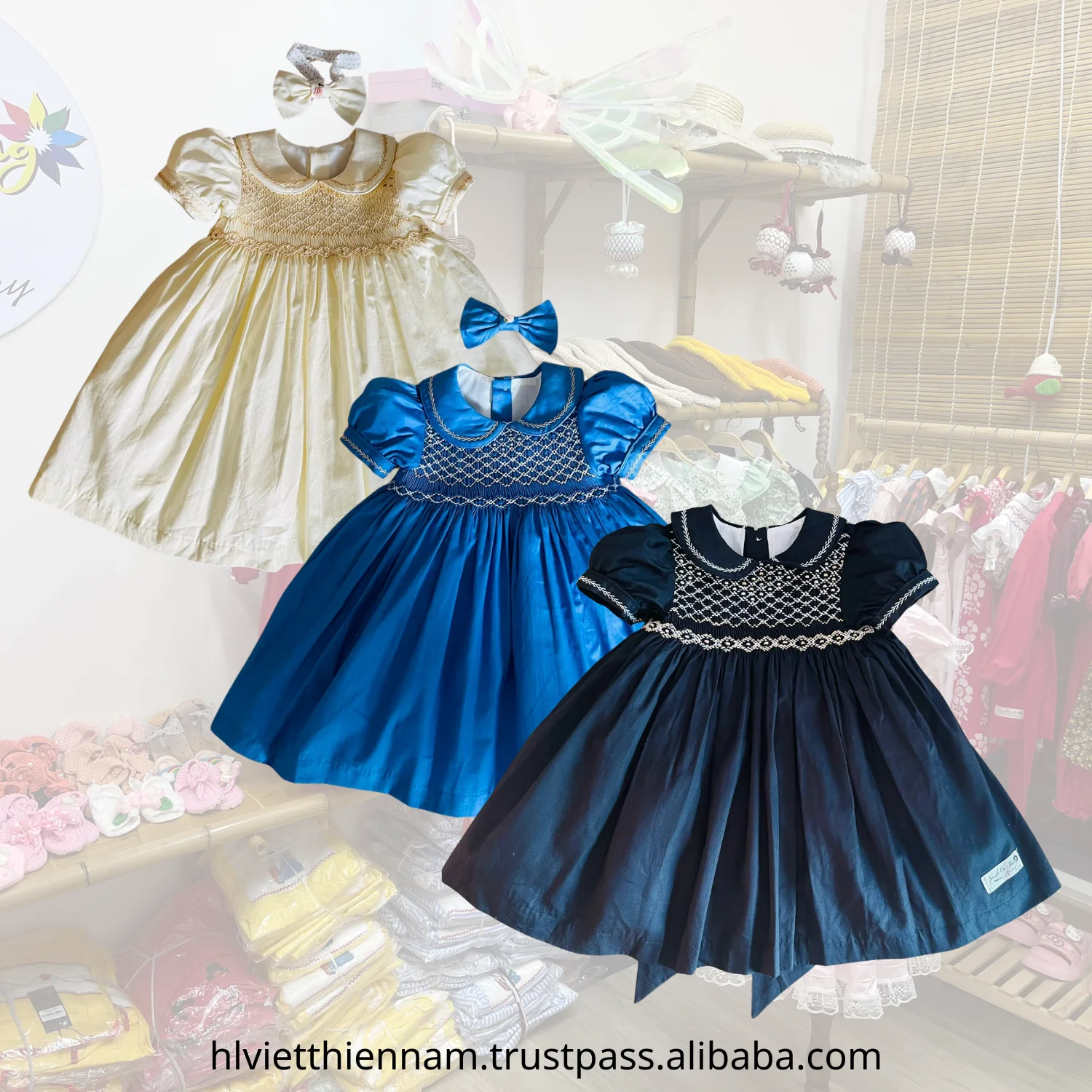 Girls dress smocked children clothing for baby girl size from 3M to 10T black blue cream color princess style customize