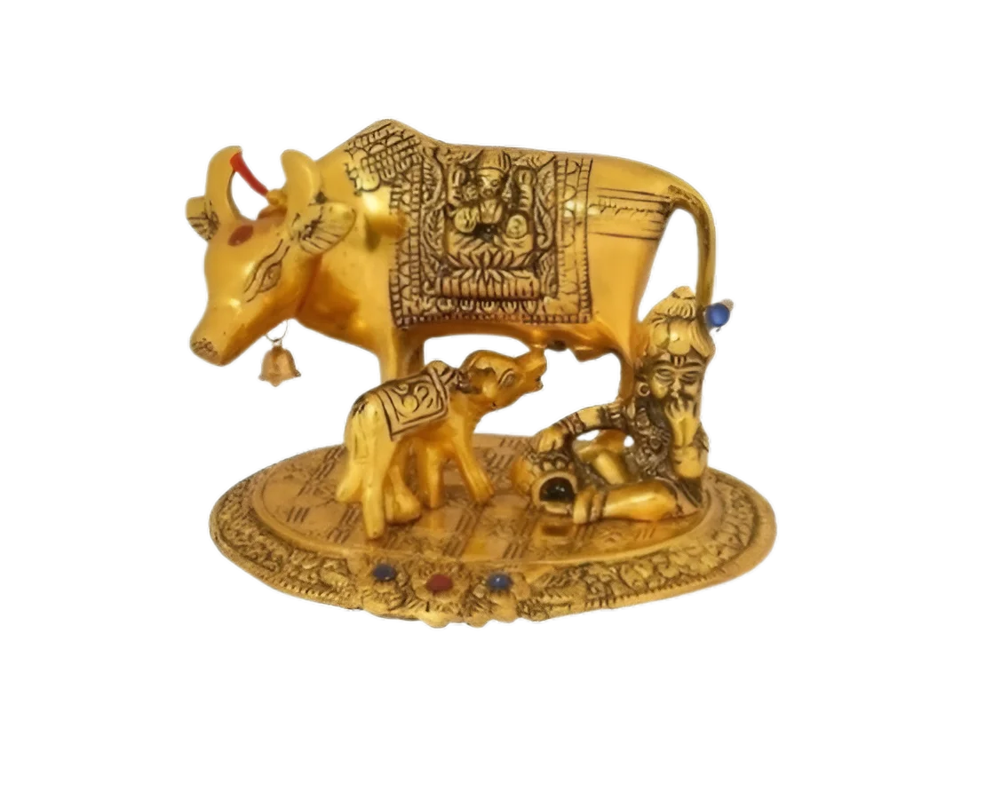 New Handmade Gold Plated Brass Cow Calf with Bala Krishna Diwali Decoration Gift Elegant Return Gift for a Spiritual