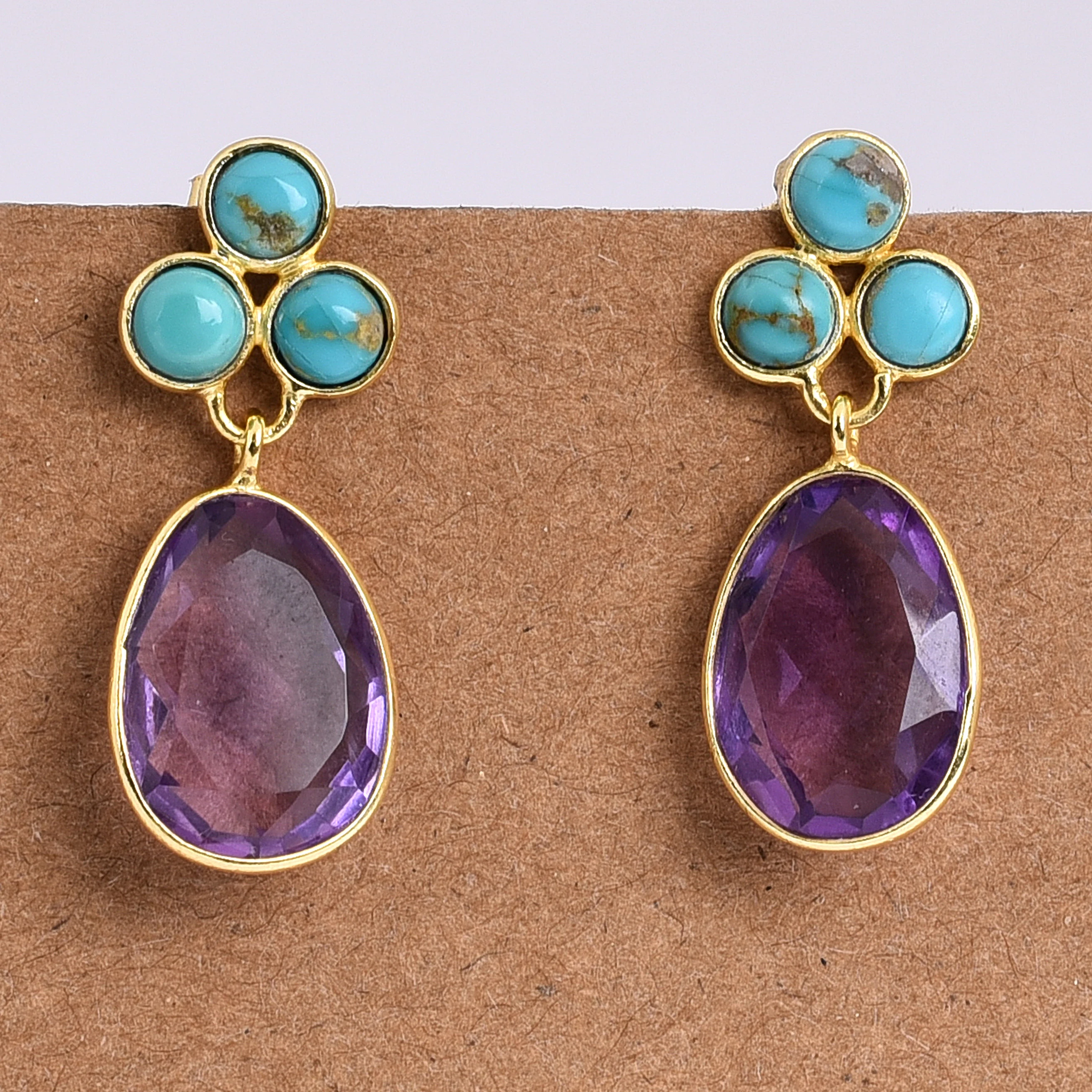 925 Sterling Silver Gold Plated Earring with Turquoise and Amethyst Earring Handmade Jewelry Gift For Her Wholesale Jewelry