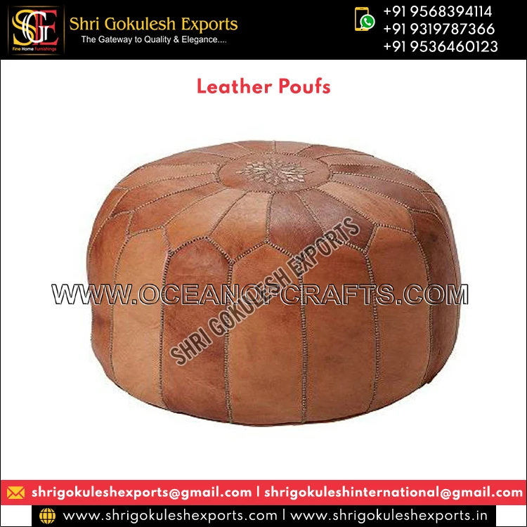 Top Listed Indian Manufacturer Widely Selling 100% Handmade Handwoven Round Leather Poufs for Office and Home Decorations