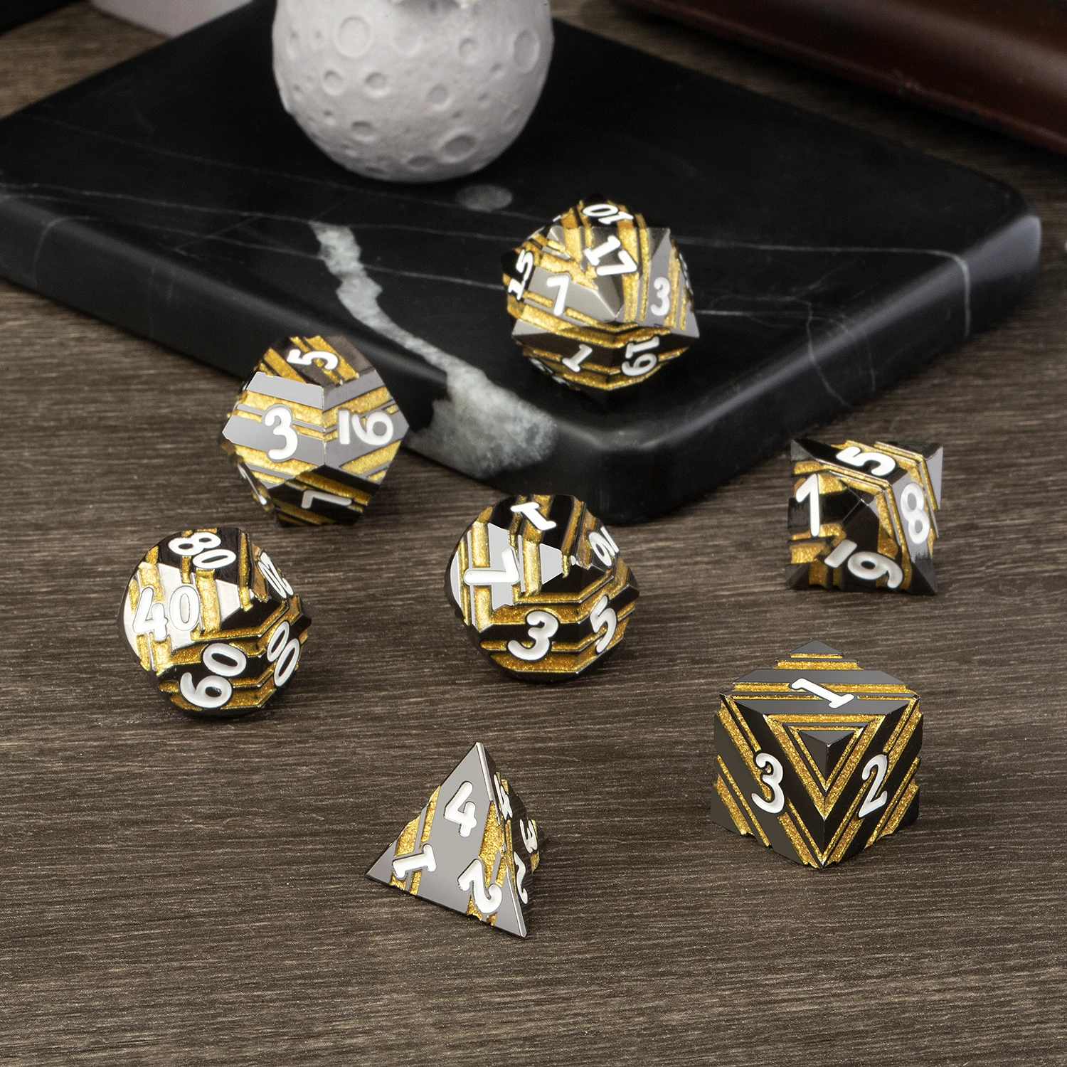 Wholesale Hot Sell DND Metal Dice Set Metallic Stripes Dice D4 D6 D8 D10 D12 D20 D% for D&D Tabletop Games