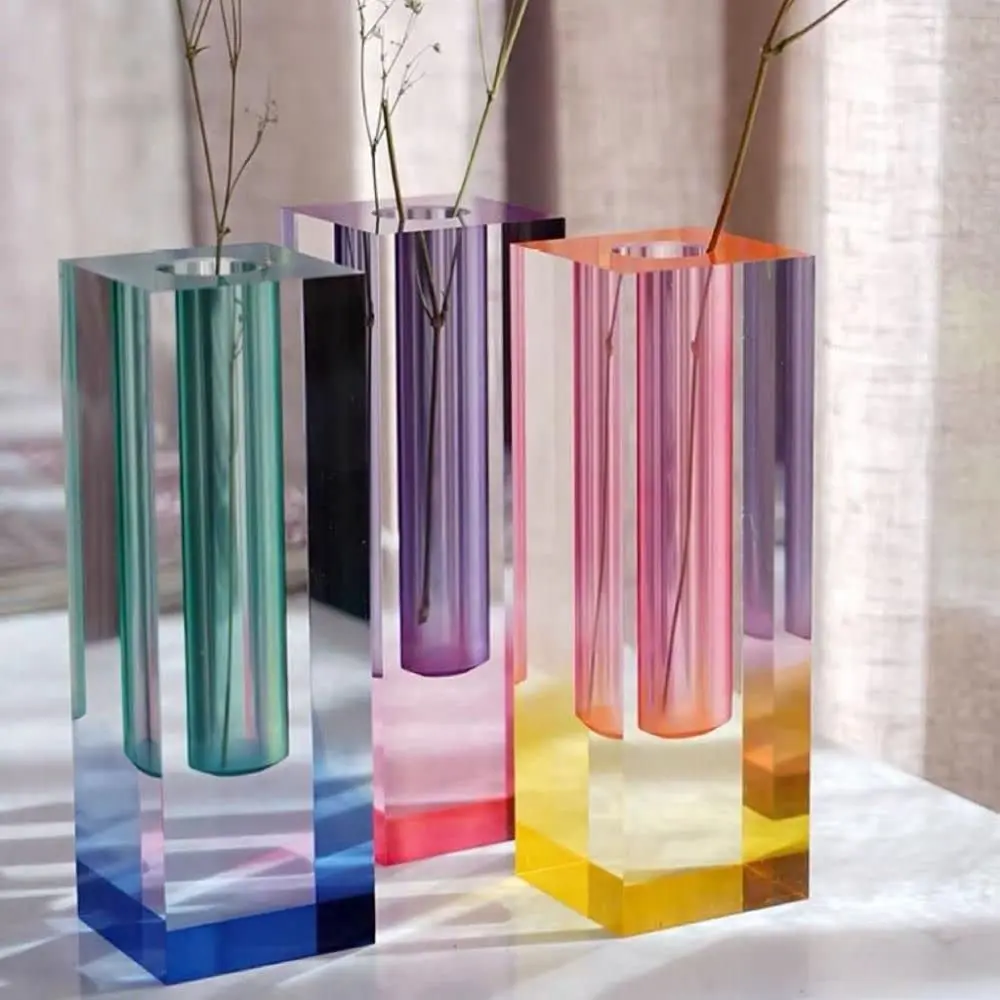 Modern Square Clear Rectangular Rainbow Plant Acrylic Vase For Wedding Flowers Geometric Centerpiece Decoration