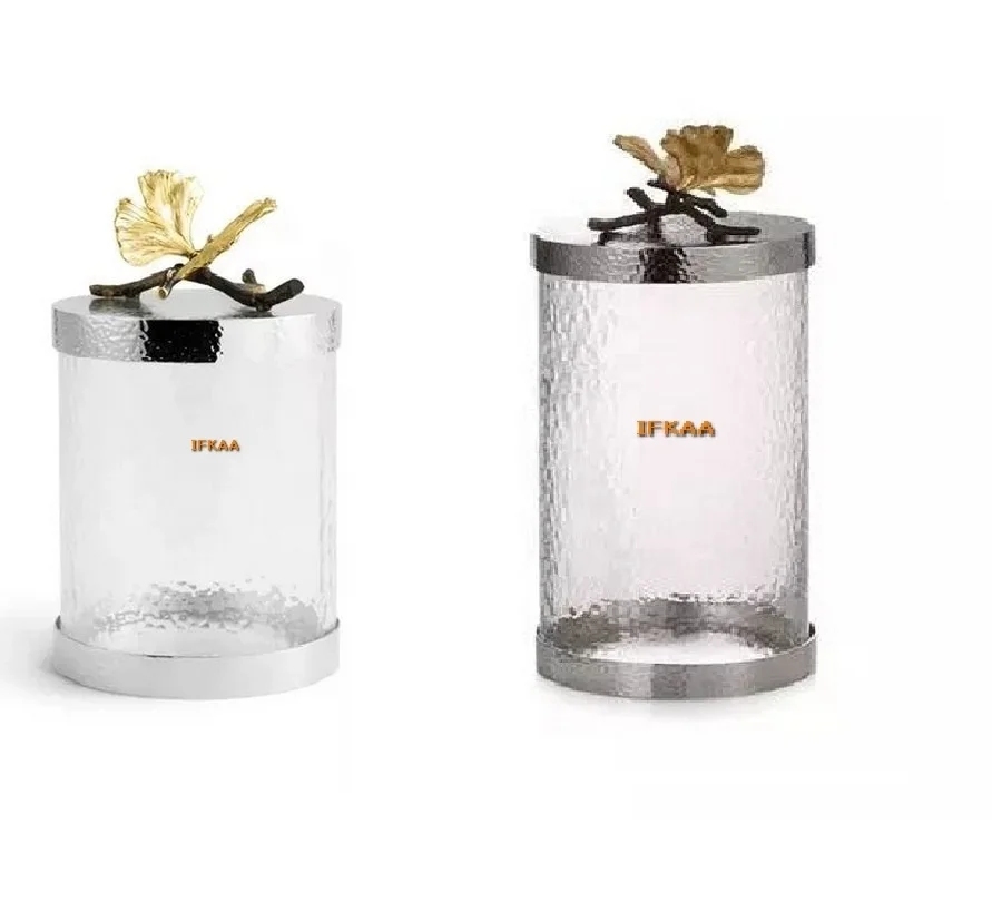 New Designer Fancy Canister Gold Leaf Sugar Coffee & Tea Canister Metal Decorative Kitchenware Canister with Trendy Marble Lid