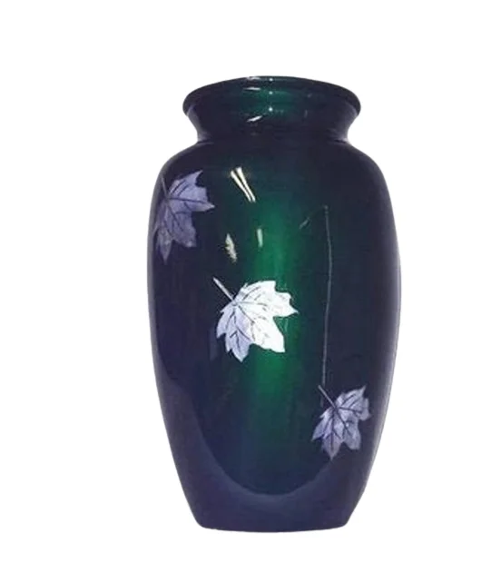 Inlaid Mother of Pearl Cremation Urn Falling Leaves Theme Maple leaves on deep green background MOP Cremation Urn