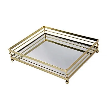 Gold clear glass mirror make up vanity tray metal frame decoration jewelry cosmetic organizer tray square shape coffee & tea Tra