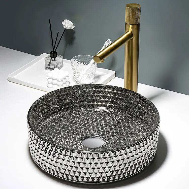 Wholesale Sanitary Ware Diamond Design Round Bathroom Sink Lavabo Table Colorful Crystal Glass Wash Basin