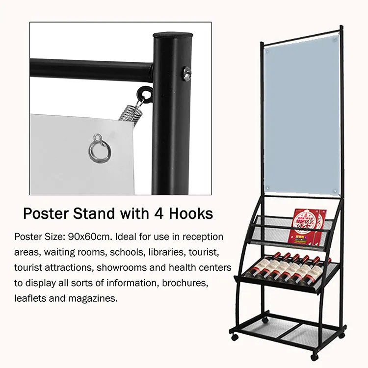 JH-Mech Poster Sign Display Stand Portable Rolling Literature Magazines Rack with 3 Pockets Large Metal Floor Sign Holder Stand