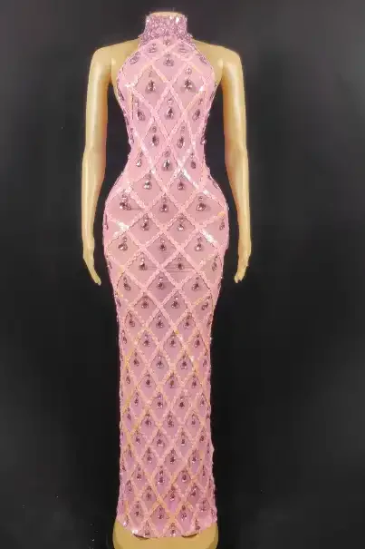 Rhinestone See Through Mesh Fishnet Hollow Out Split Bikini Swimsuits Sleeveless Cover Up Beach Dress