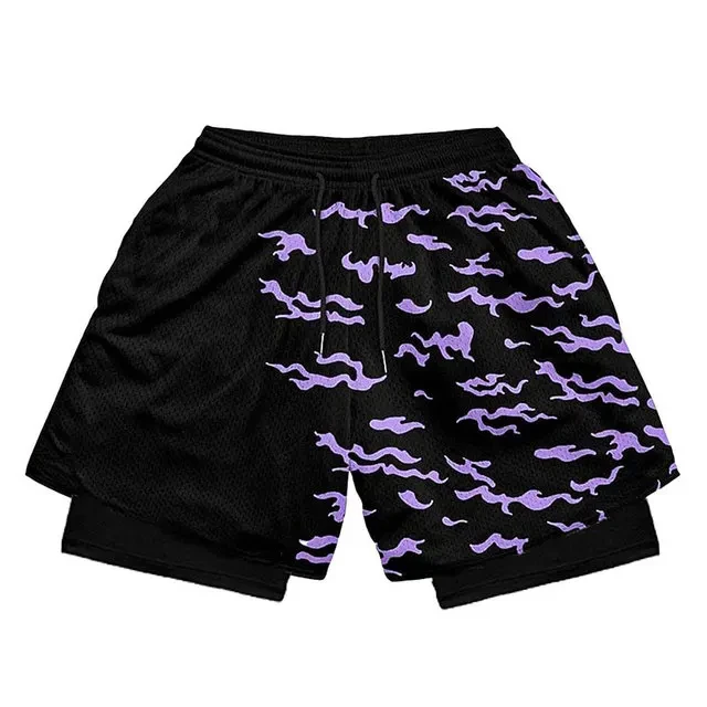Anime Shorts Men Manga Print 2 in 1 Gym Performance Shorts Summer Training Fitness Running Workout Mesh Short Pants
