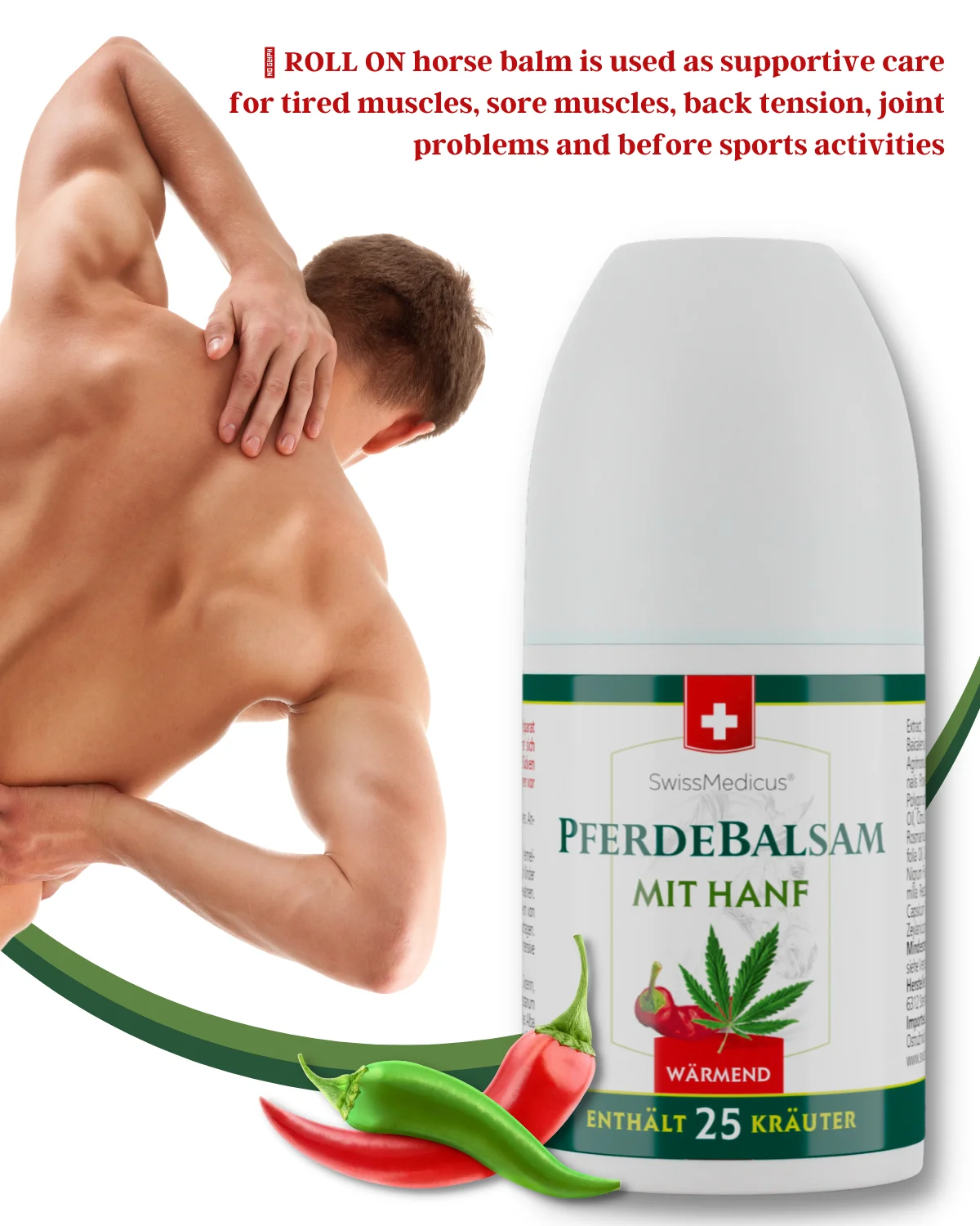 SwissMedicus Pferdebalsam with hemp warming ROLL-ON for joints & muscles, Swiss quality, Pain relief cream, Varicose veins, 90ml