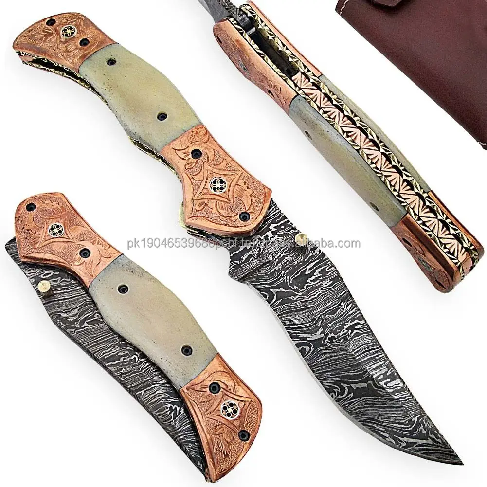 Damascus Stainless Steel Folding Knife Brass Bolster Camel Bone Grip Hunting Survival-Customizable OEM ODM Available Camping Use