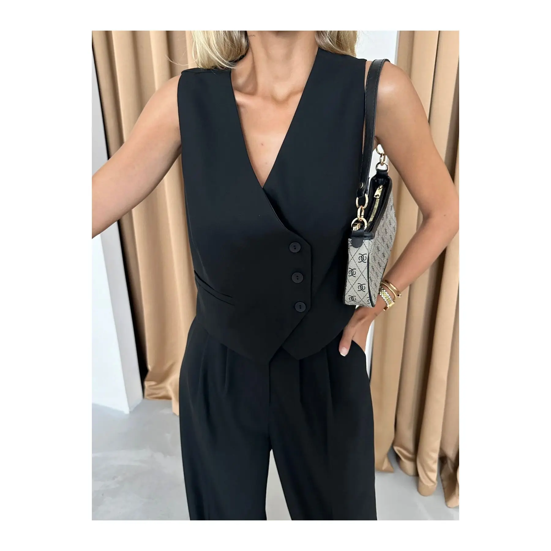 Khaki Solid and Print Pattern Closure Vest with Short Cotton Pants Office Blazer Top Summer Clothes Set with Logo Decoration